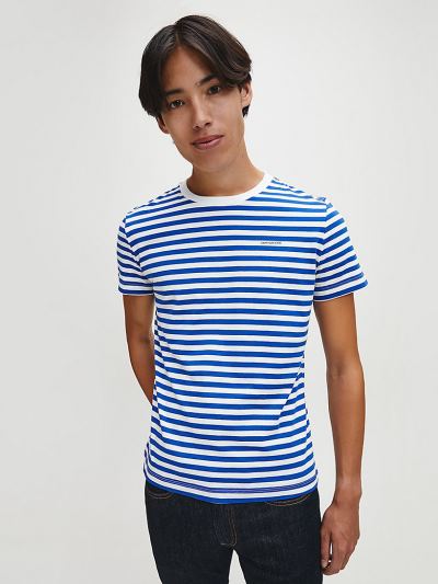 Calvin Klein Ruhák HU537183 | Calvin Klein Slim Organic Cotton Férfi Póló Világos Fehér / Kék Csíkok